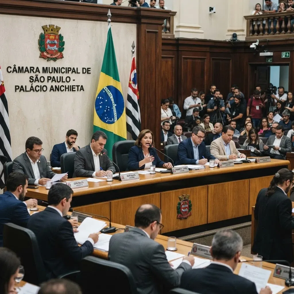 Plenário legislativo vazio com bandeiras ao fundo
